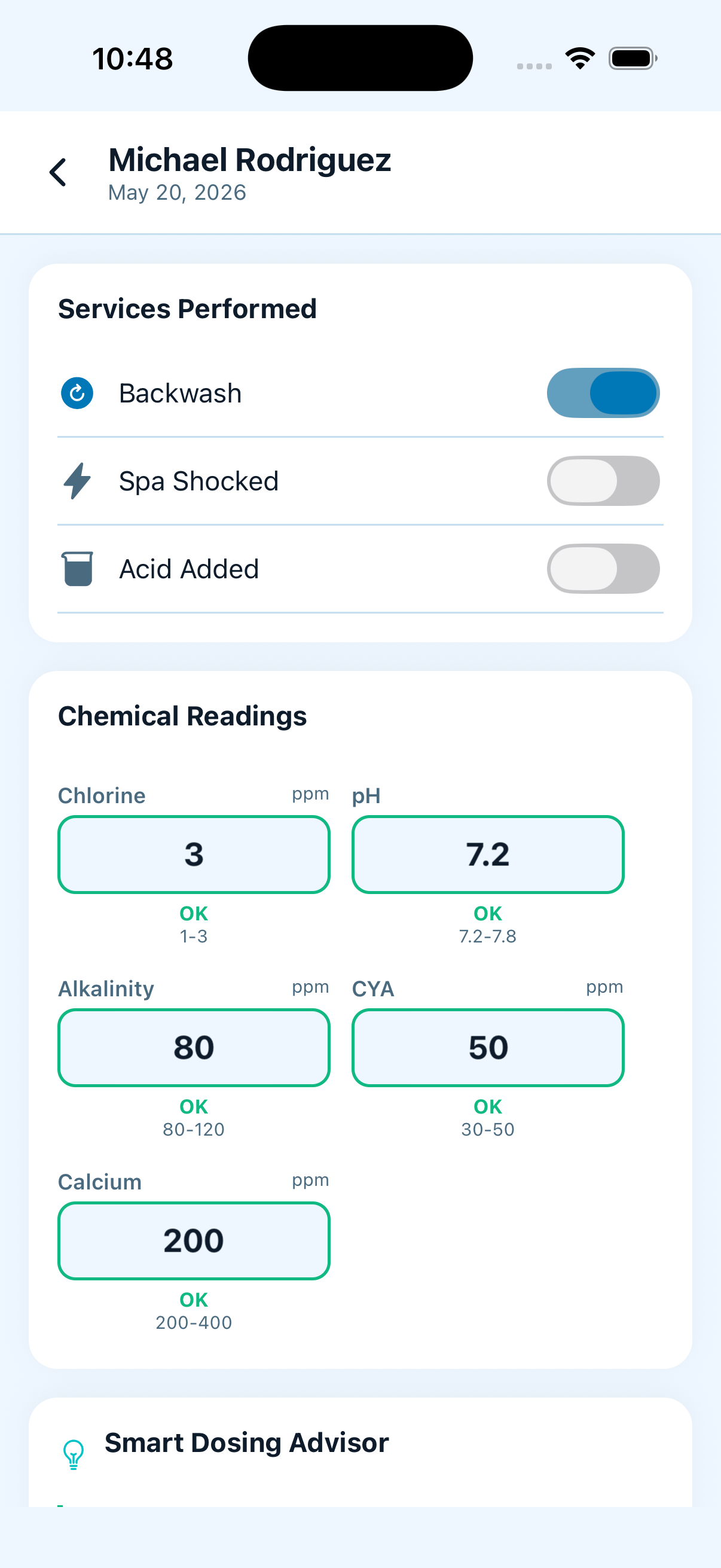 Pool IQ — Service log with chemistry readings and smart dosing advisor